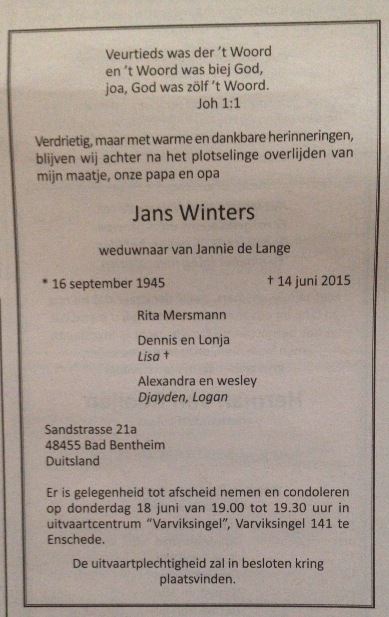 In memoriam Jans Winters
