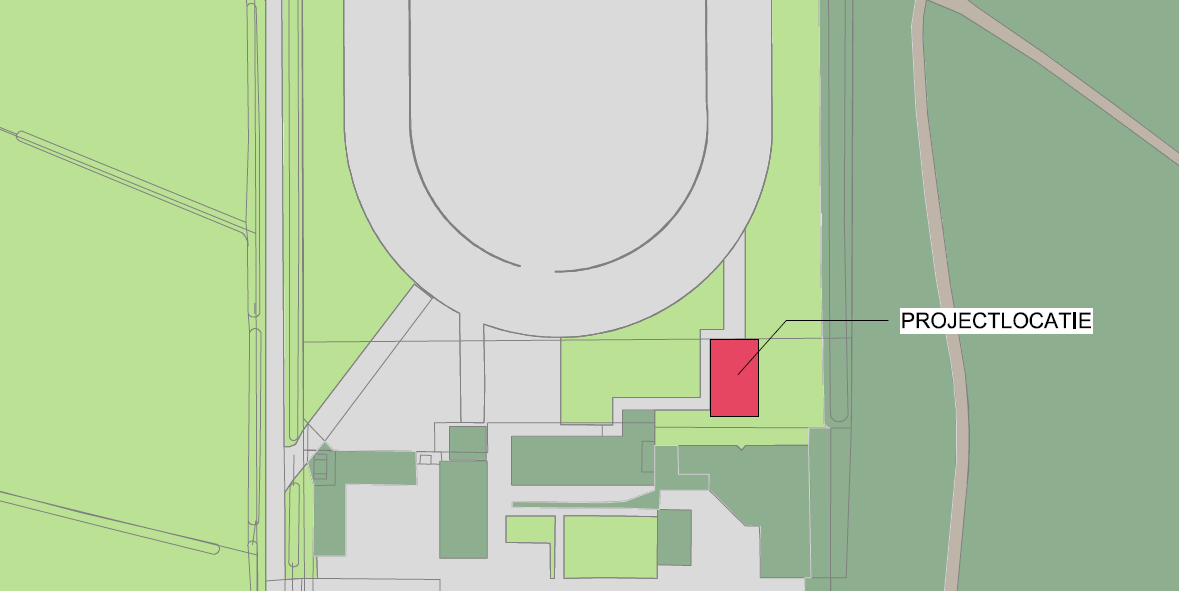 Plaats van de nieuwe berging op het terrein van Combibaan Hengelo